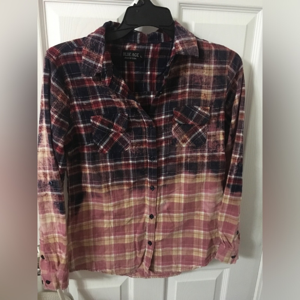 Blue Age Women's Plaid Button Down Shirt - Red and Pink